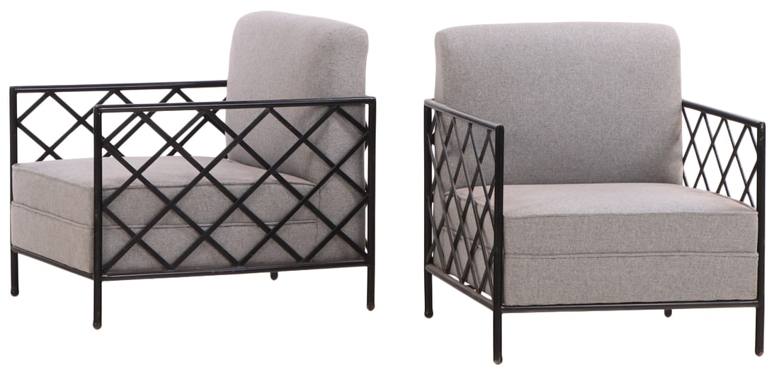 PAIR OF PAINTED IRON LARGE SCALE LOUNGE CHAIRS IN THE MANNER OF JEAN ROYERE. (1 of 5)