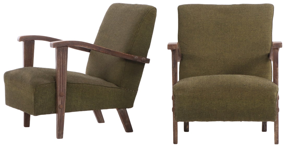 PAIR OF CERUSED OAK OPEN ARM CHAIRS C 1940. (1 of 6)