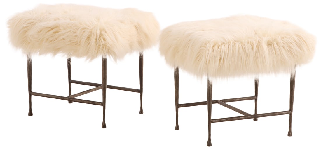 PAIR FRENCH HAND HAMMERED IRON STOOLS UPHOLSTERED IN FAUX SHEEP SKIN. (1 of 5)