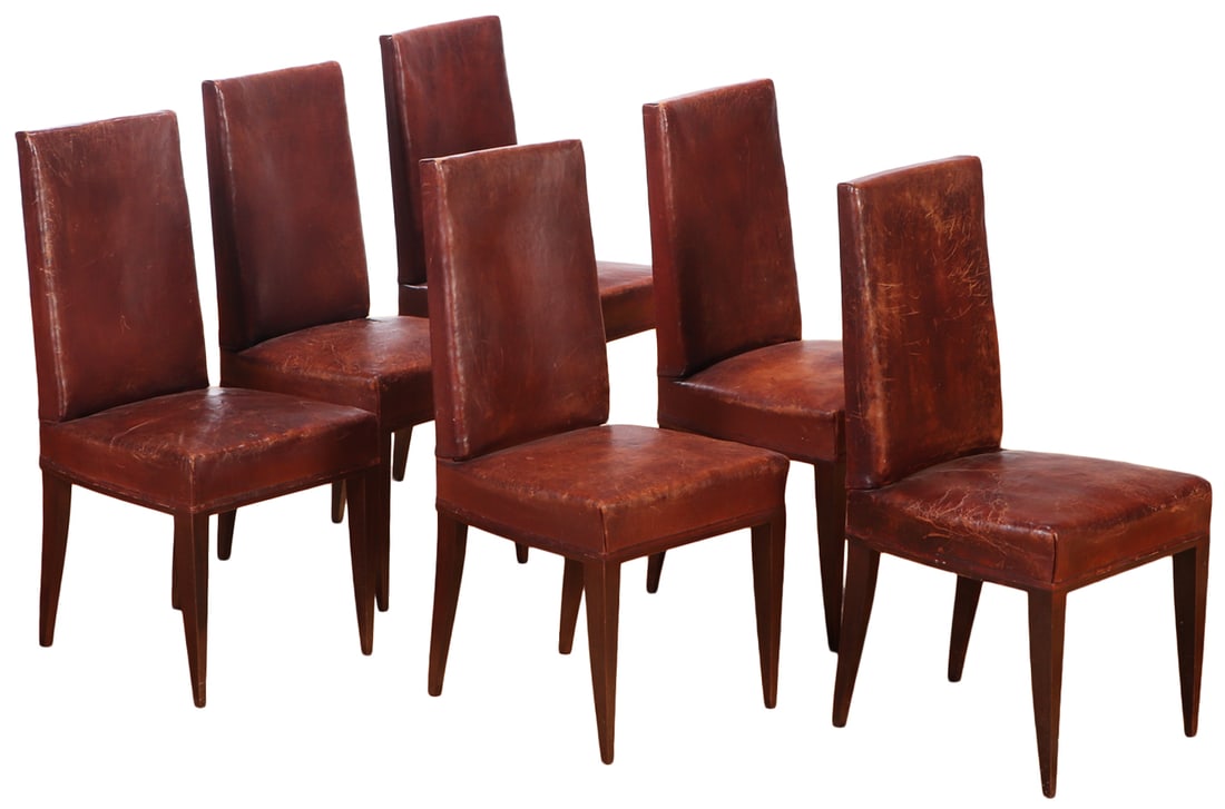 SIX FRENCH WOOD AND LEATHER DINING CHAIRS C 1940 IN THE MANNER OF JEAN-MICHEL FRANK. (1 of 8)