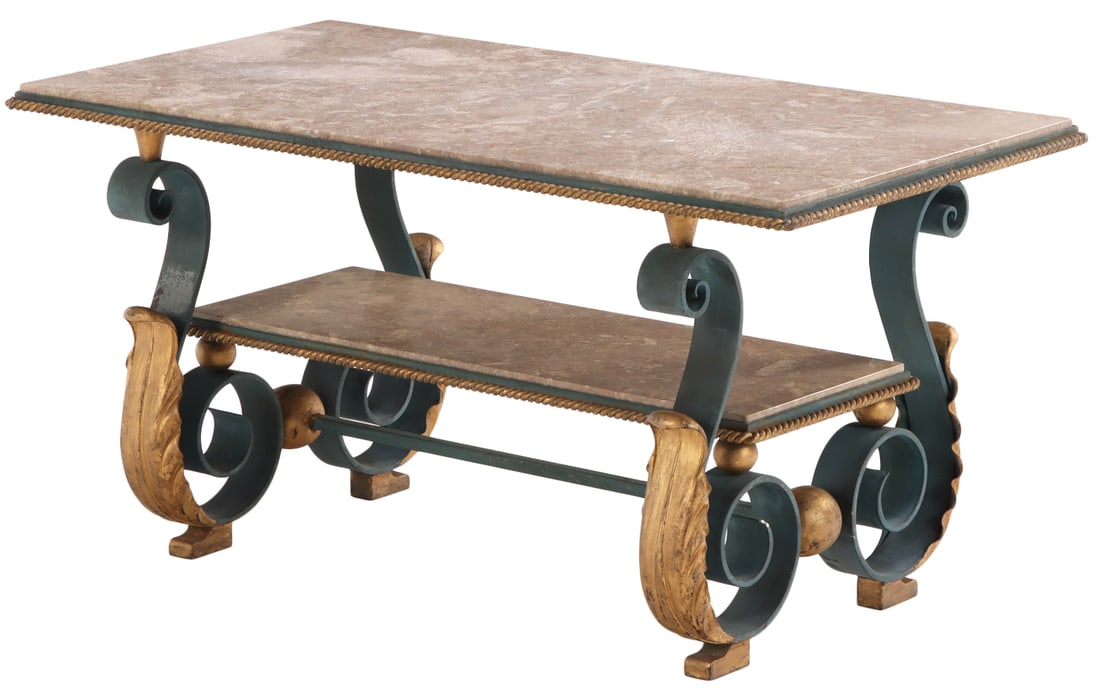 FRENCH PAINTED AND GILT IRON MARBLE TOP COFFEE TABLE ATTRIBUTED TO GILBERT POILERAT C 1950 HAVING (1 of 6)