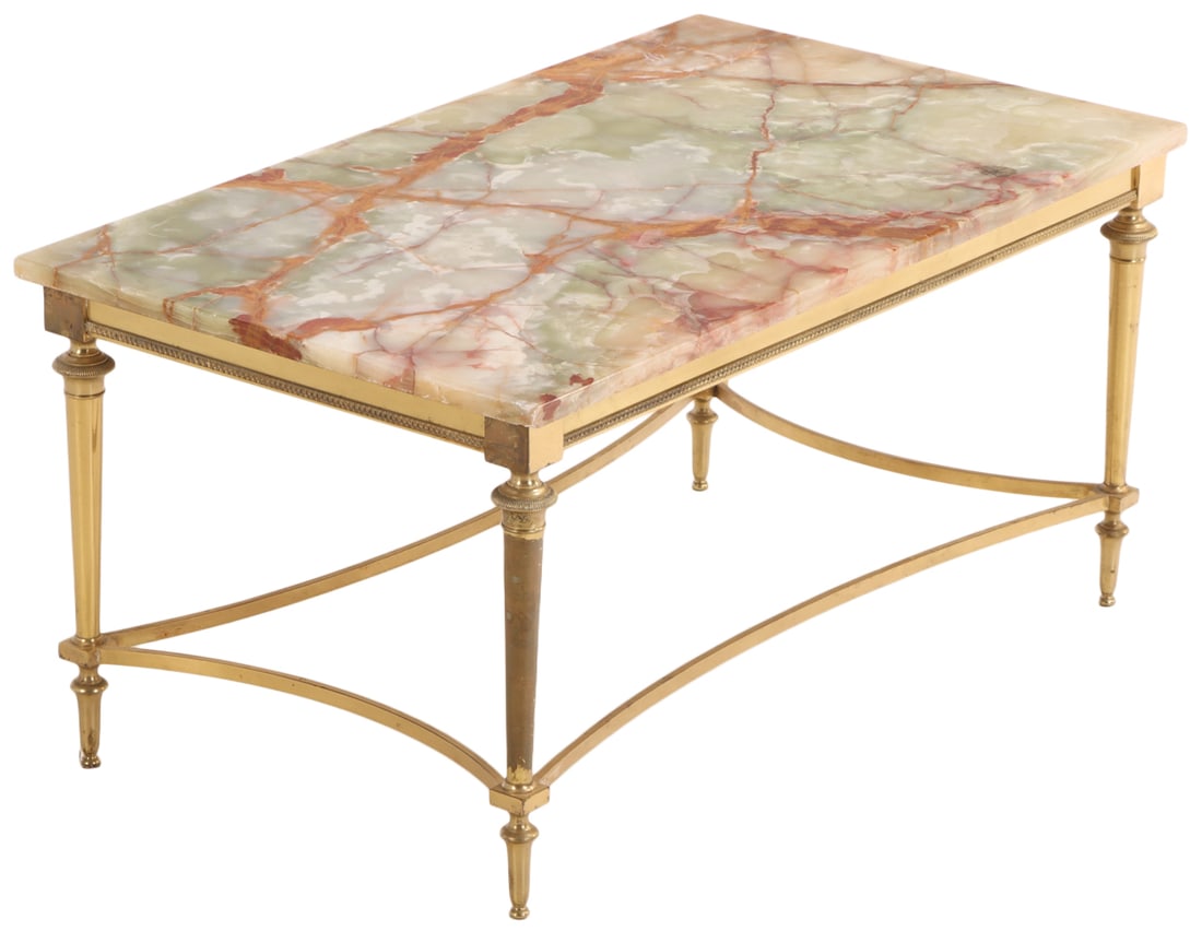 FRENCH BRASS AND ONYX TOP COFFEE TABLE C 1950 IN THE MANNER OF JANSEN. (1 of 5)