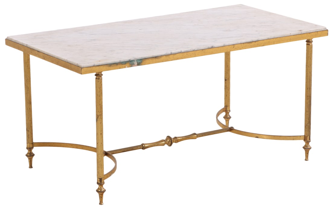 FRENCH BRASS AND MARBLE COFFEE TABLE IN THE MANNER OF JANSEN C 1960. (1 of 5)