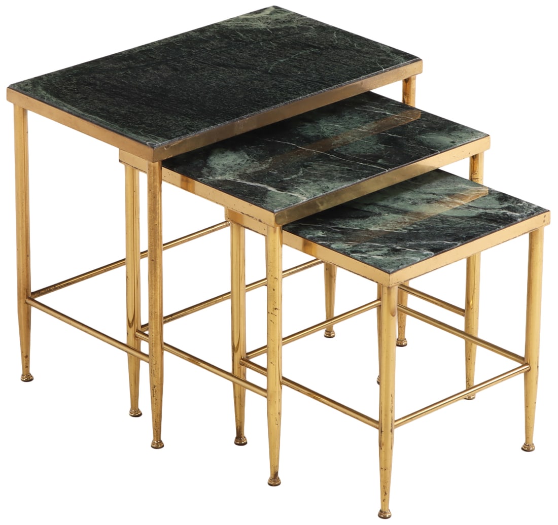 FRENCH BRASS NESTING TABLES HAVING GREEN MARBLE TOPS IN THE MANNER OF JANSEN C 1960. (1 of 5)