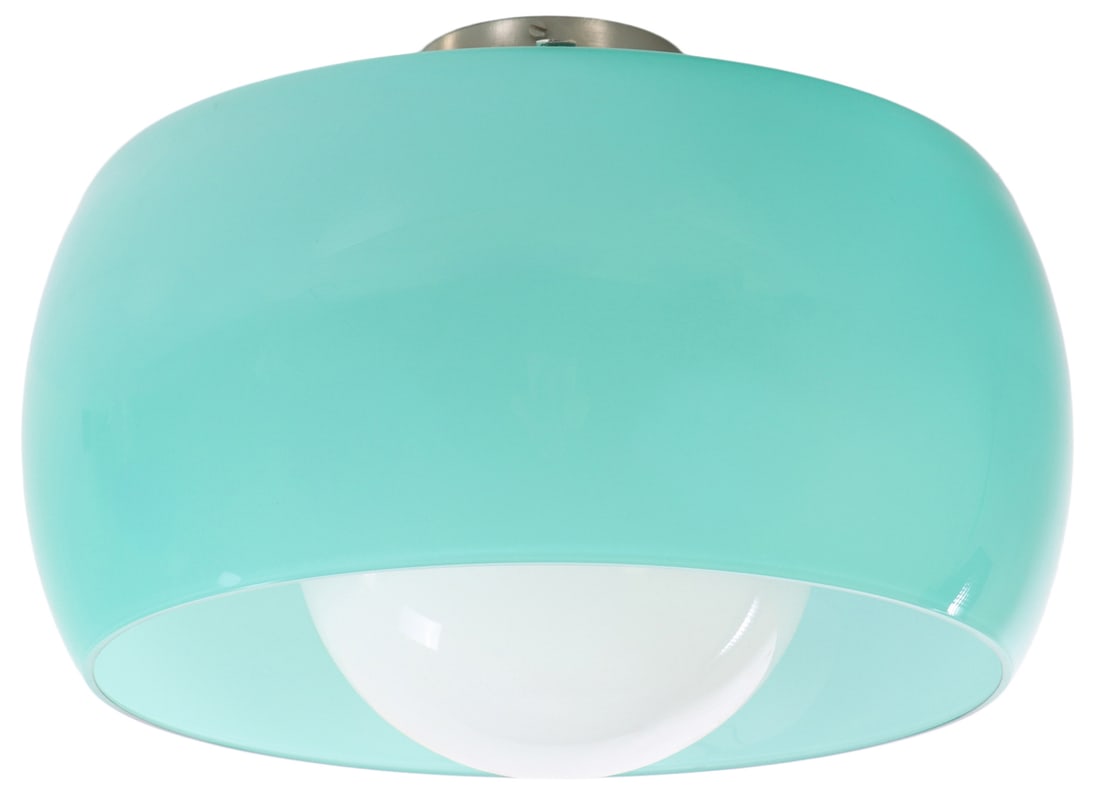 MID CENTURY MODERN ITALIAN CEILING LIGHT FIXTURE HAVING A SEAFOAM BLUE GREEN GLASS WITH WHITE GLOBE: Mid Century Modern Italian ceiling light fixture having a seafoam blue green glass with white globe c. 1960 Ht: 11" Wd: 16" Dpth: 16"