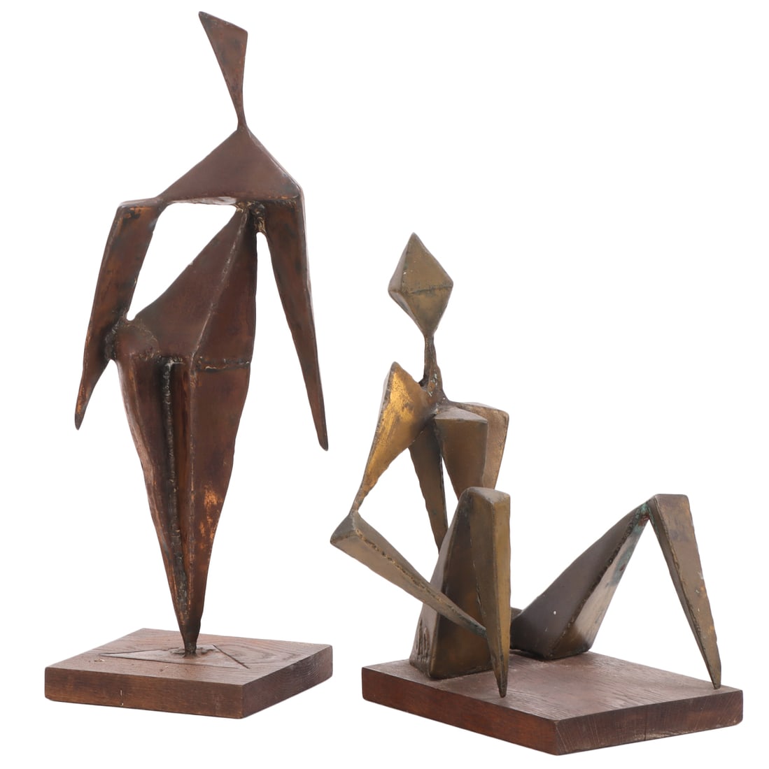 PAIR OF CUBIST FORM ABSTRACT SCULPTURES DEPICTING FEMALE FIGURES, WELDED METAL ON WOOD BASES. EACH (1 of 6)