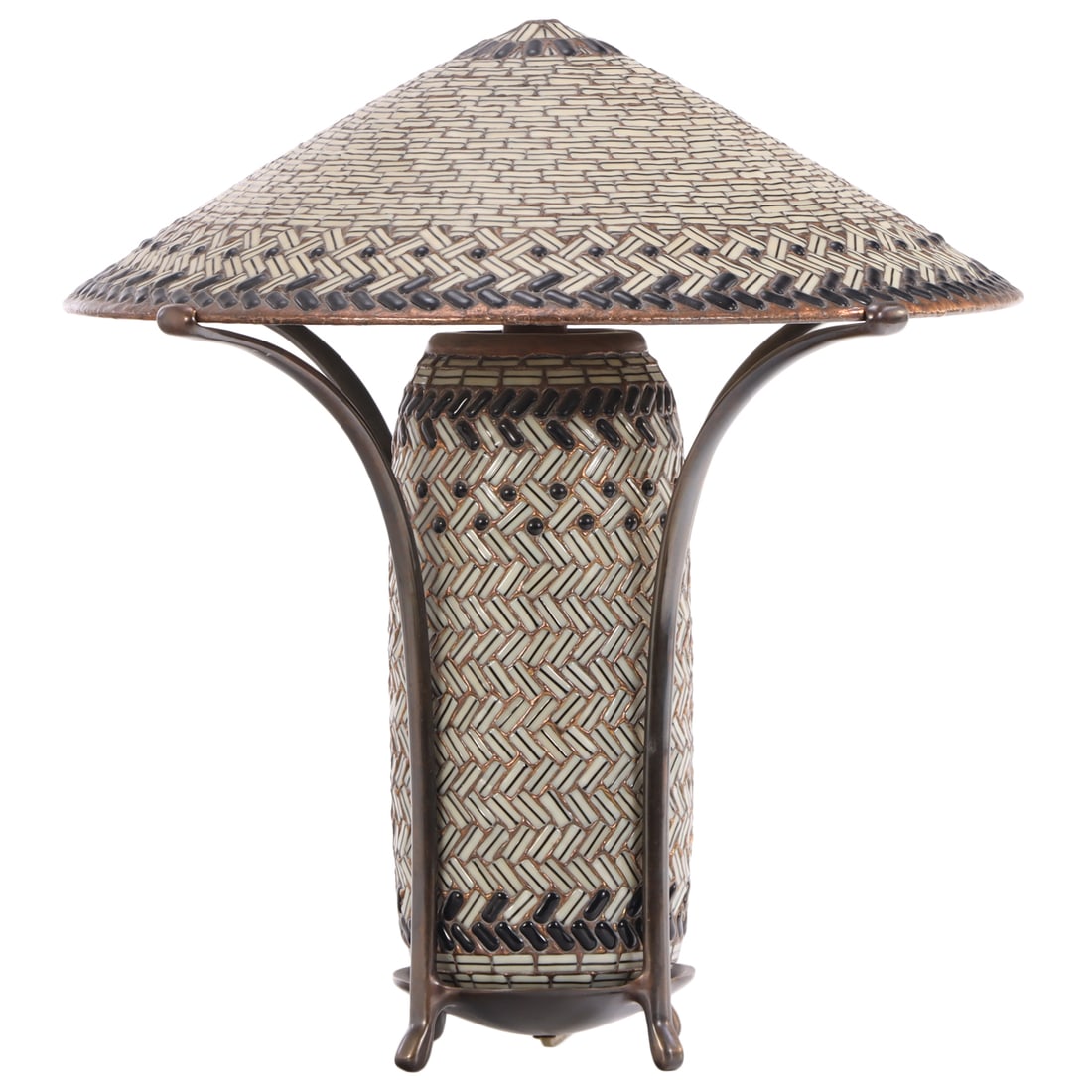 HILLIARD ARTS & CRAFTS 'MING CHINA' TABLE LAMP HAVING CAST BRONZE AND ART GLASS TILES, INSCRIBED: Hilliard Arts & Crafts 'Ming China' table lamp having cast bronze and art glass tiles, inscribed by Hilliard on underside c. 1990 Ht: 20" Wd: 18.25" Dpth: 18.25"