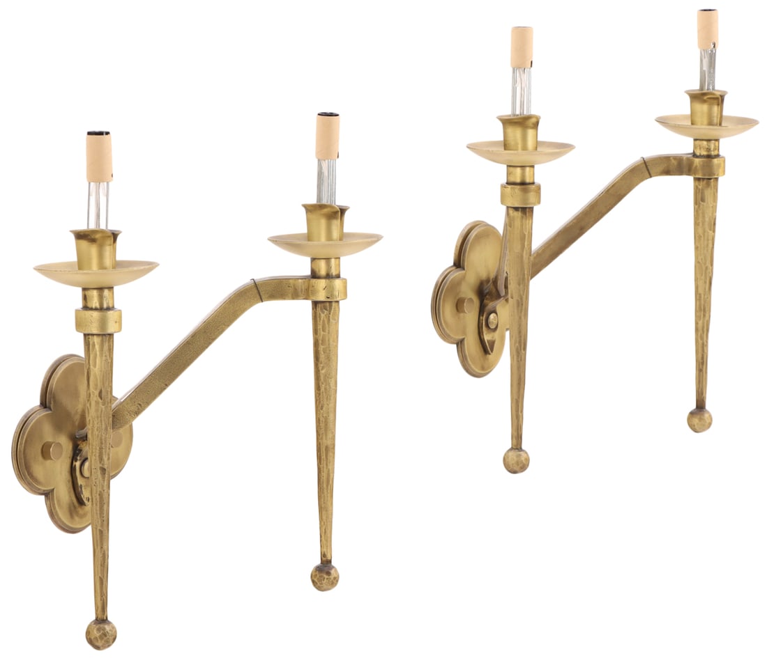 PAIR OF TWO-ARM KINGS HAVEN WALL SCONCES HAVING GOLD FINISHED HAMMERED IRON (1 of 5)