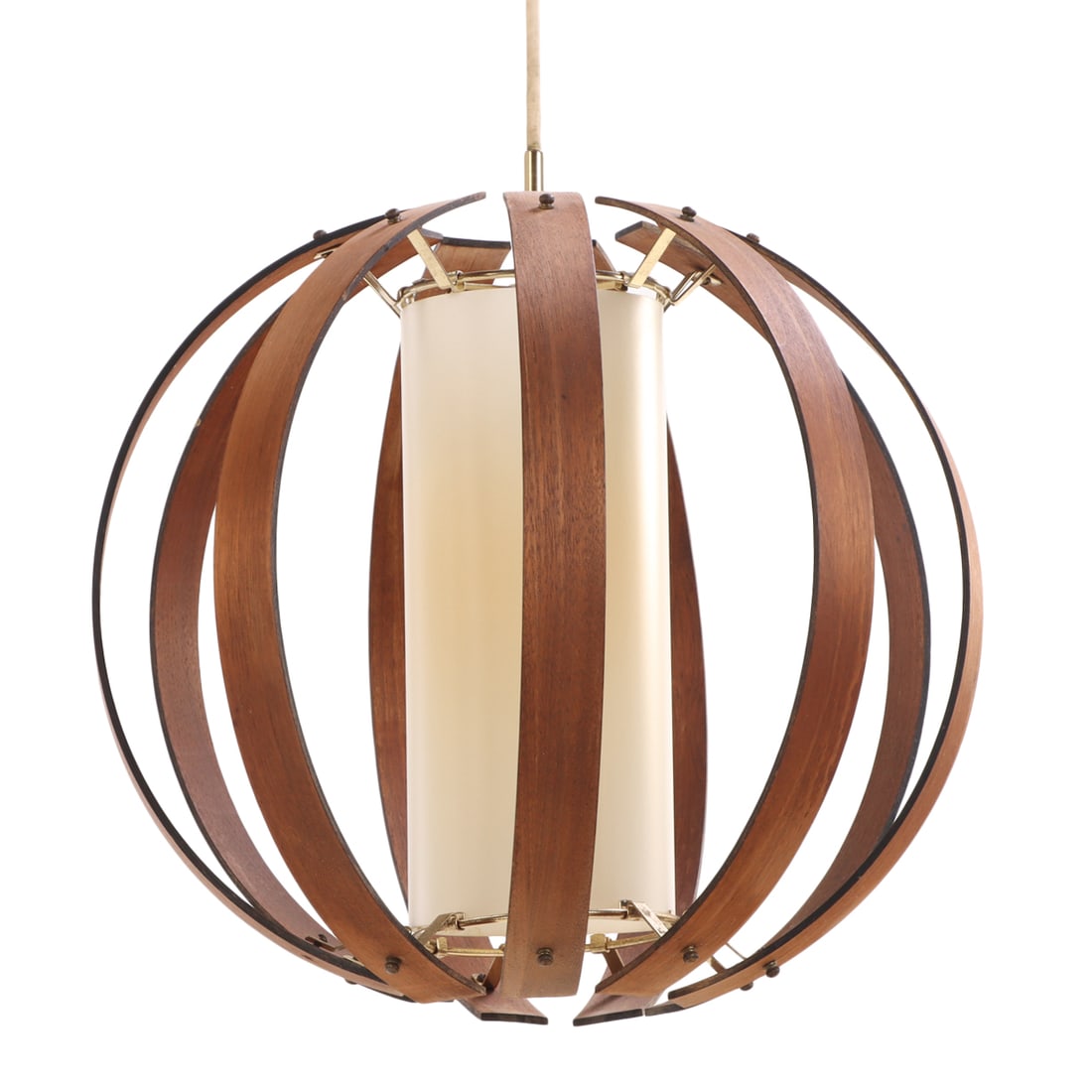 MID CENTURY MODERN HANGING LIGHT FIXTURE PENDANT OF LAMINATED WALNUT STRAPS C 1960 (1 of 1)