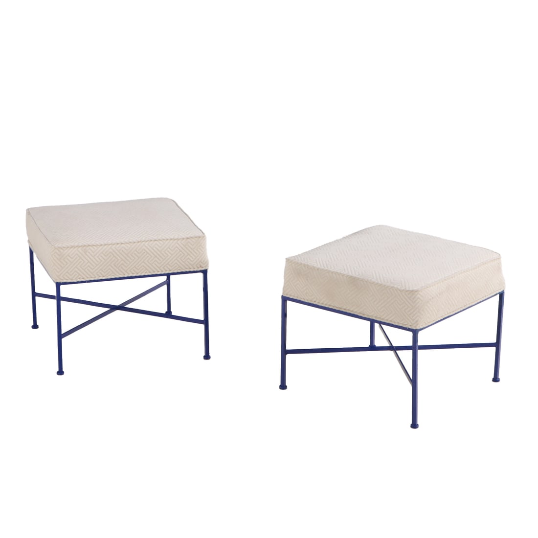 PAIR OF PAINTED IRON AND UPHOLSTERED STOOLS. (1 of 3)