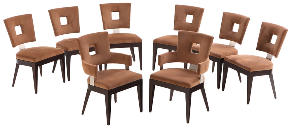 SET OF EIGHT CUSTOM MADE DINING CHAIRS ATTRIBUTED TO BRUETON. (1 of 8)