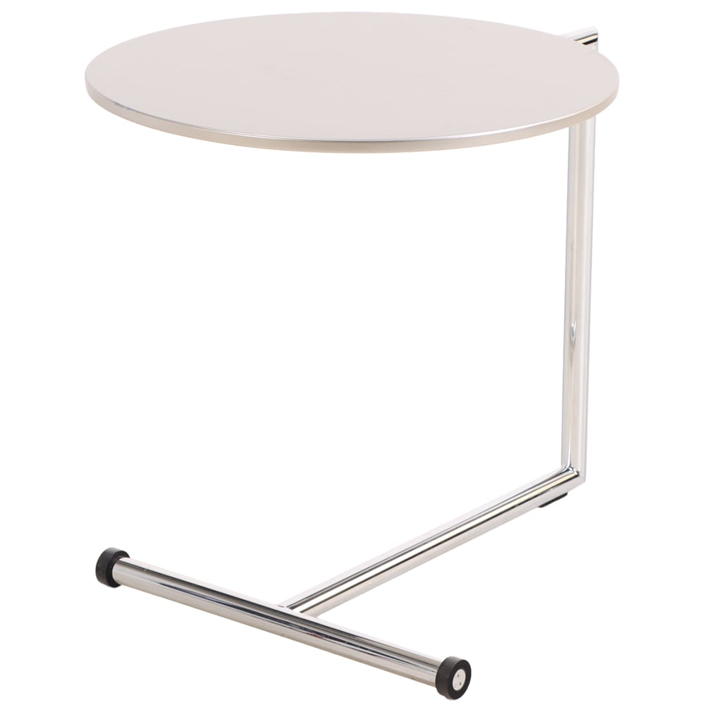 A MODERNIST CANTILEVERED SIDE TABLE WITH LAMINATE TOP AND CHROME BASE. (1 of 6)