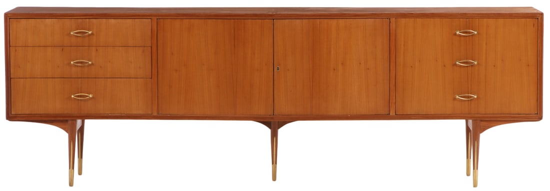 LARGE SAPELLE WOOD SIDEBOARD C 1950 HAVING TWO DOORS EACH FLANKED BY THREE DRAWERS SUPPORTED BY (1 of 6)