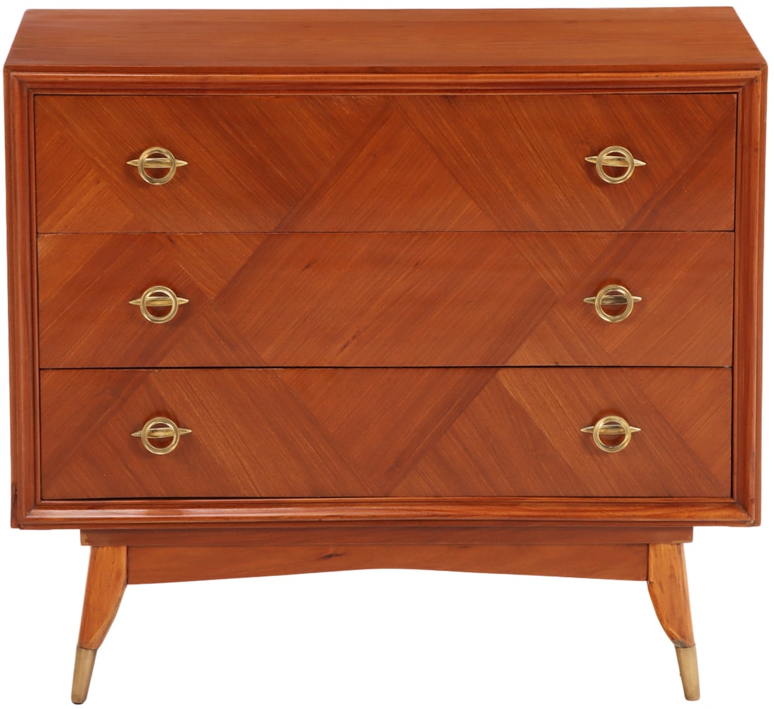 THREE DRAWER DRESSER HAVING CRISS CROSS PATTERN VENEER AND BRONZE RING FORM HANDLES C 1955.: Three drawer dresser having criss cross pattern veneer and bronze ring form handles C 1955. Ht: 35.5" Wd: 40" Dpth: 20.25"