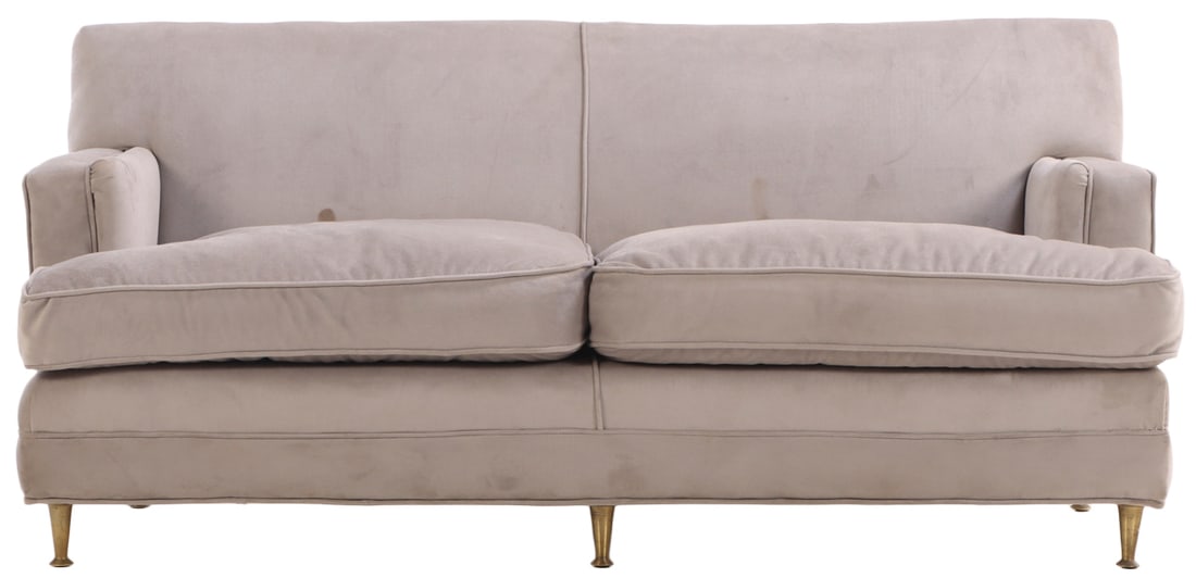 TWO SEAT SETTEE WITH BRASS FEET C. 1965 (1 of 6)