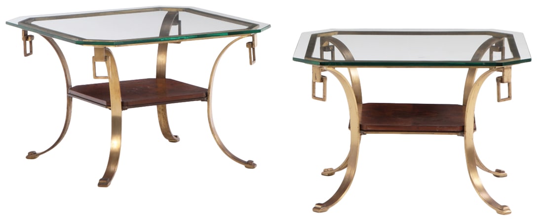 PAIRL OF BURL WALNUT, BRASS AND GLASS END TABLES C 1960. (1 of 4)