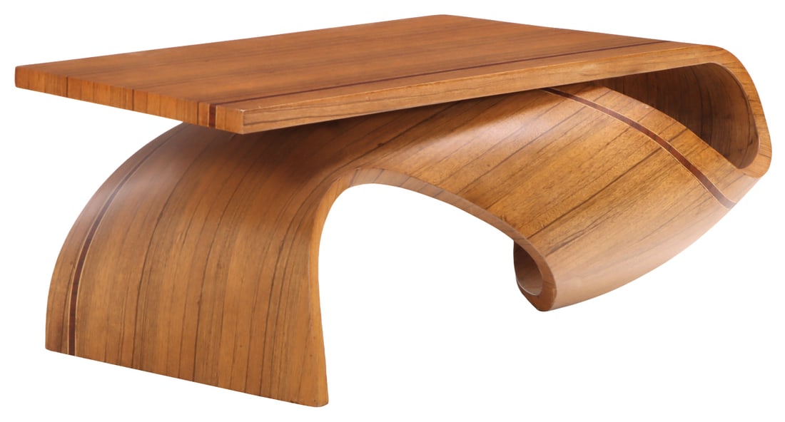 EXOTIC BENTWOOD WAVE FORM COFFEE TABLE WITH INLAY. (1 of 5)