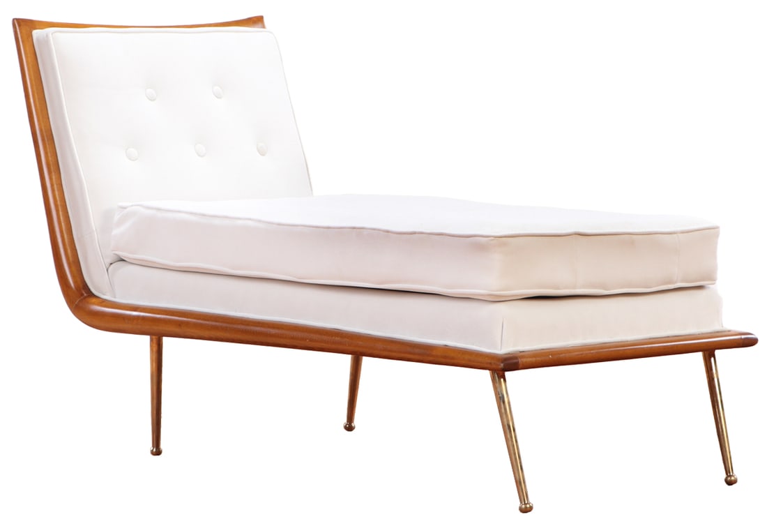 MAHOGANY UPHOLSTERED CHAISE LOUNGE IN THE MANNER OF T.H.ROBSJOHN-GIBBINGS RESTING ON BRASS LEGS AND (1 of 6)