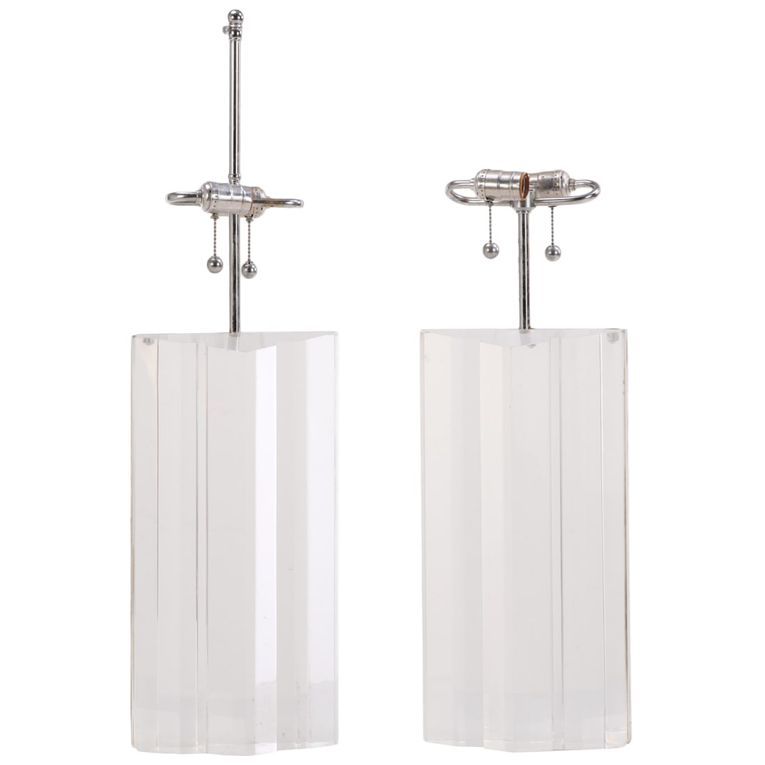 PAIR OF LUCITE TABLE LAMPS HAVING DOUBLE CLUSTER CHROME FIXTURES C. 1975 (1 of 5)