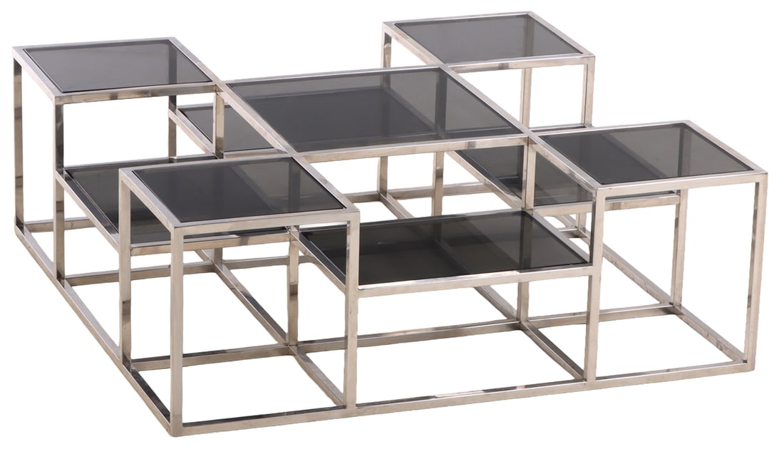 FRENCH CHROMED IRON AND SMOKED GLASS COFFEE TABLE ATTRIBUTED TO MAISON CHARLES C 1970. (1 of 5)