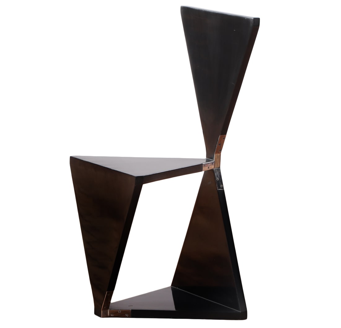 CONTEMPORARY LACQURED WOOD AND STAINLESS STEEL CHAIR DESIGNED BY MAXIMILIAN EICKE FOR HIS BRAND: Contemporary lacqured wood and stainless steel chair Designed by Maximilian Eicke for his brand Max ID NY C 2010. Ht: 38" Wd: 17" Dpth: 16.5" Seat: 20"