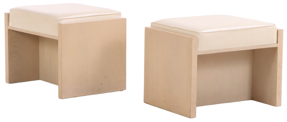 PAIR OF CHRISTIAN LIAIGRE STYLE WHITE WASHED WOOD AND LEATHER OTTOMANS. (1 of 5)