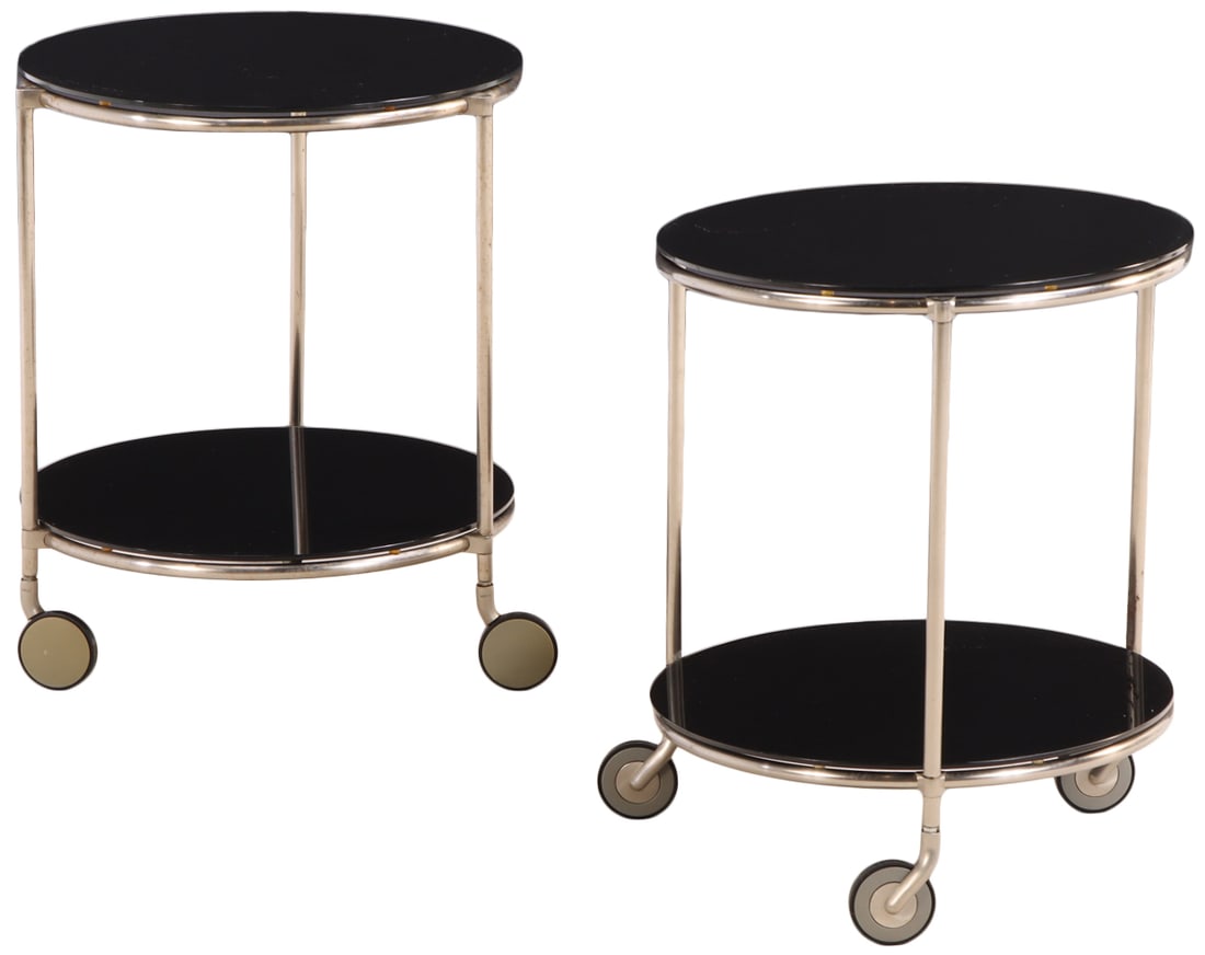 PAIR OF IRON AND BLACK GLASS TABLES OR BAR CARTS C 1980.: Pair of iron and black glass tables or bar carts C 1980. Ht: 24.25" Wd: 20.5" Dpth: 20.5"