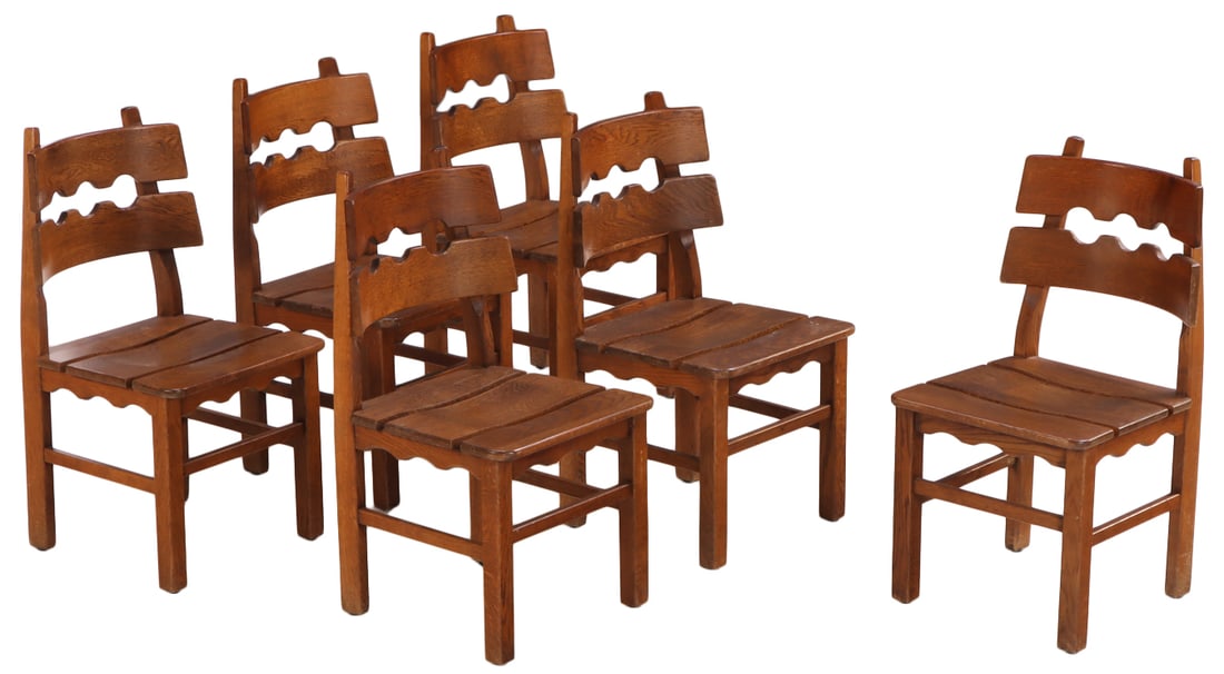 SIX "RAZOR BLADE" OAK CHAIRS ATTRIBUTED TO HENNING KJAERNULE C 1970. (1 of 6)