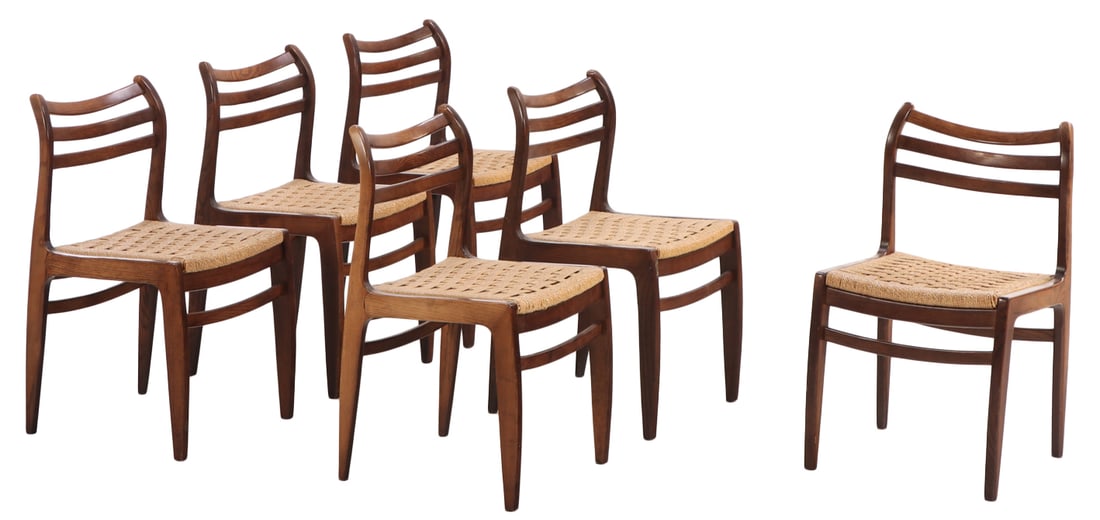 SIX QUALITY DANISH OAK DINING CHAIRS HAVING SHAPED BACKS AND CORD SEATS C 1950. (1 of 6)