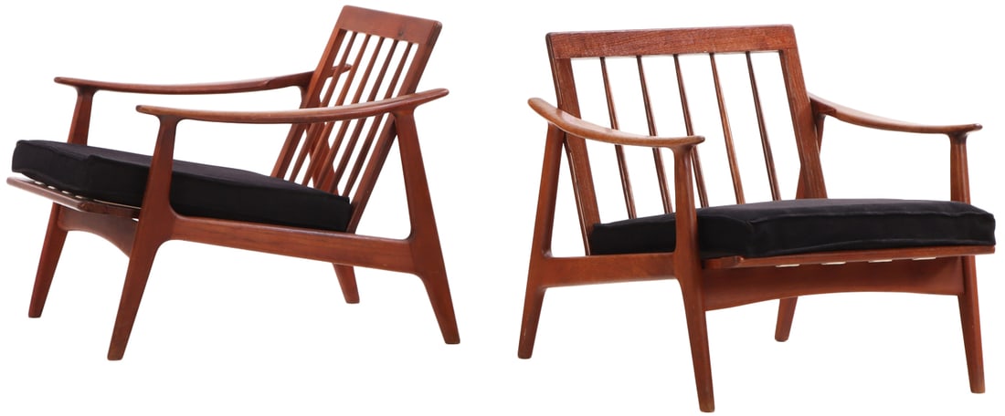 PAIR OF DANISH STYLE TEAK OPEN ARM CHAIRS C 1965. (1 of 7)