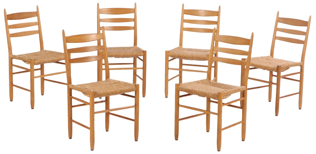SIX DANISH OAK AND RUSH DINING ROOM CHAIRS C 1950. (1 of 7)