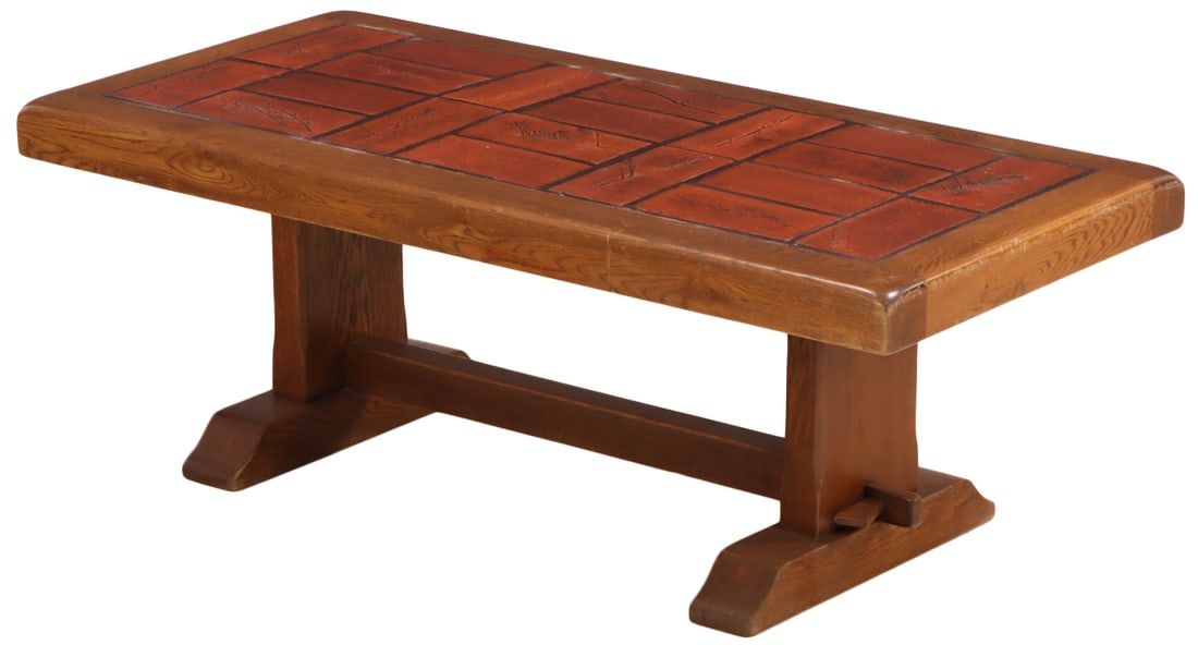 FRENCH BRUTALIST STYLE OAK AND TILE COFFEE TABLE WITH MORTIS AND TENON CONSTRUCTION C 1960. SIGNED. (1 of 7)