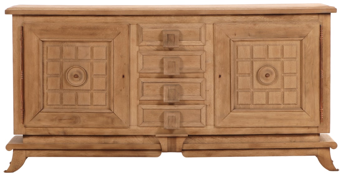 FRENCH OAK SIDEBOARD HAVING COPPER PLATED HINGES, TWO DOORS AND FOUR DRAWERS C 1940. (1 of 7)