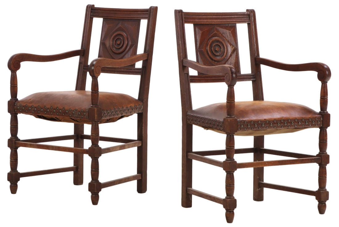 PAIR FRENCH OAK OPEN ARM CHAIRS HAVING LEATHER UPHOLSTERED SEATS WITH METAL STUDS C 1940. (1 of 6)