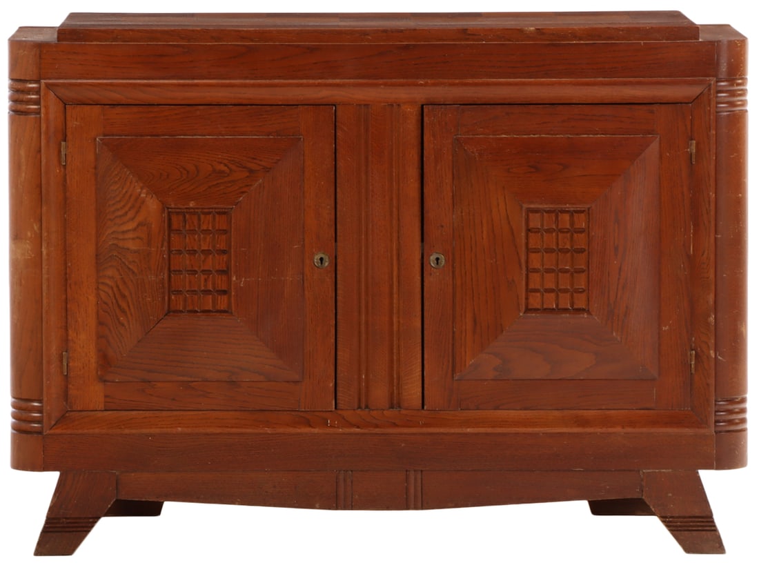 FRENCH OAK TWO DOOR SERVER IN THE MANNER OF CHARLES DUDOUYT C 1945. (1 of 8)