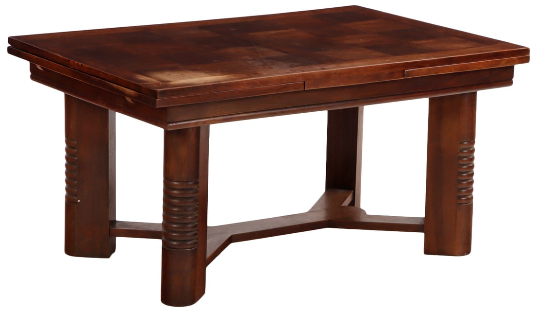FRENCH MAHOGANY DINING TABLE HAVING TWO LEAVES IN THE MANNER OF CHARLES DUDOUYT C 1940. (1 of 6)