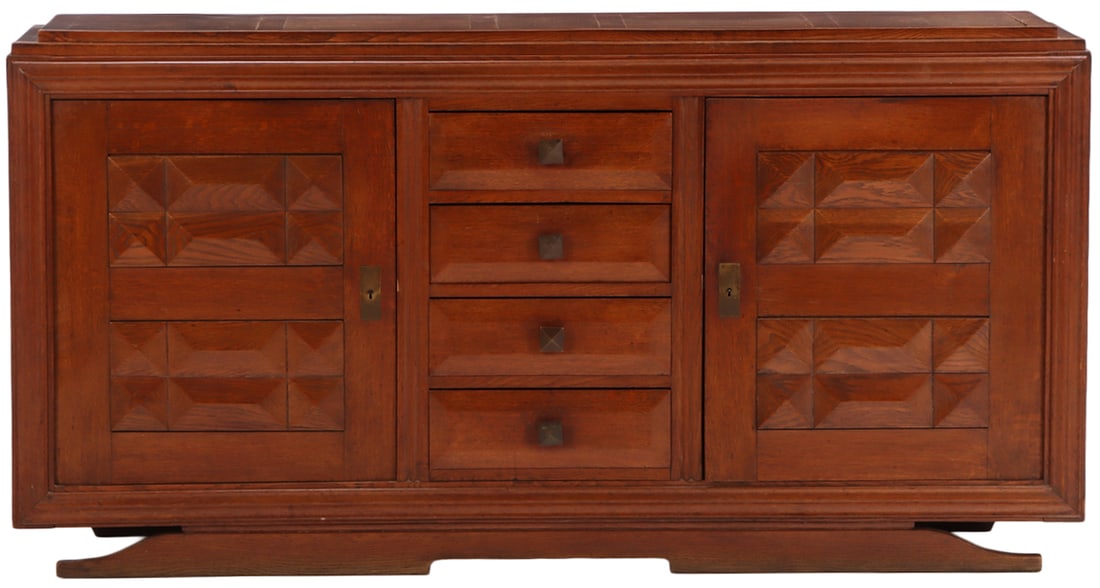 FRENCH OAK SIDEBOARD HAVING TWO DOORS FLANKING A BANK OF DRAWERS IN THE MANNER OF CHARLES DUDOUYT C (1 of 7)