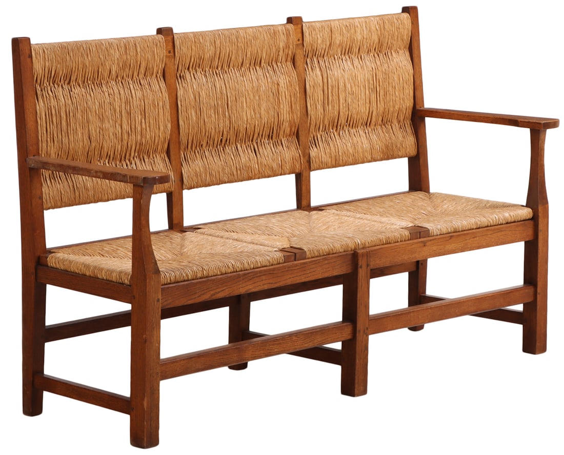 FRENCH OAK BRUTALIST STYLE BENCH WITH NATURAL WOVEN SEAT AND BACK C 1950. (1 of 5)