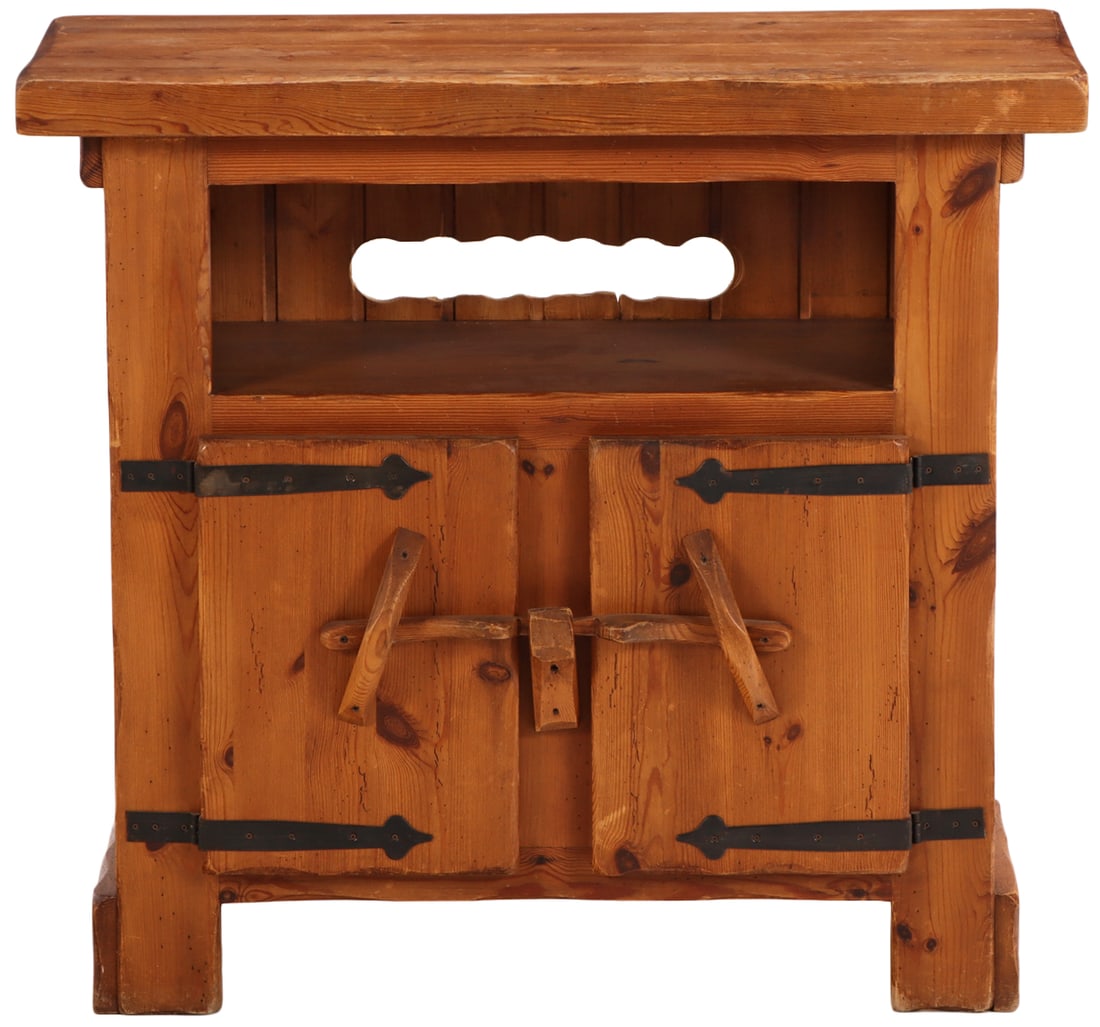 FRENCH PINE BRUTALIST CABINET WITH IRON STRAP WORK C 1960. (1 of 7)