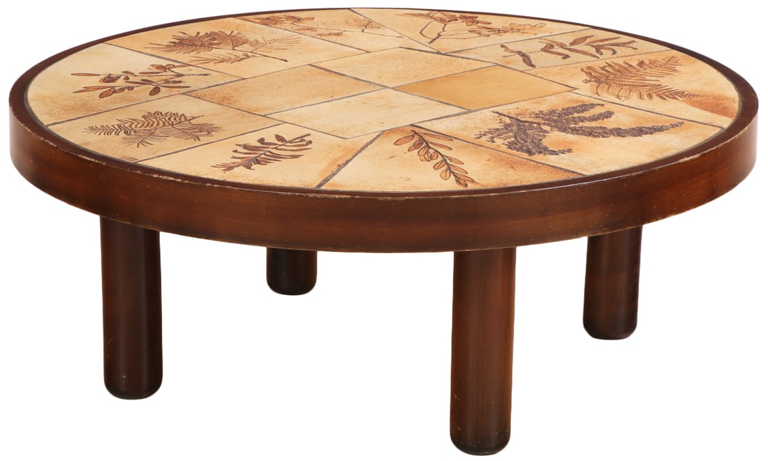 FRENCH WOOD AND TILE COFFEE TABLE PRODUCED BY VALLAURIS AND SIGNED BY THE ARTISTS, R. LEDUC. C (1 of 6)