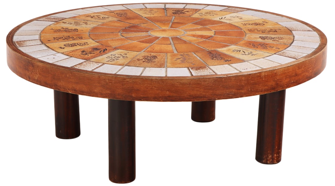 FRENCH WOOD AND TILE TOP COFFEE TABLE ATTRIBUTED TO ROGER CAPRON C 1970. (1 of 6)