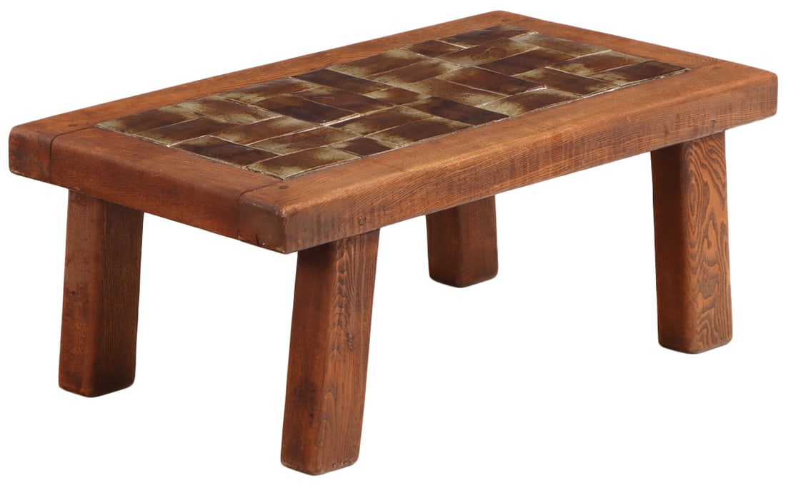 FRENCH OAK BRUTALIST STYLE TILE TOP COFFEE TABLE WITH IMPRESSED LEAF DESIGN C 1965. (1 of 5)