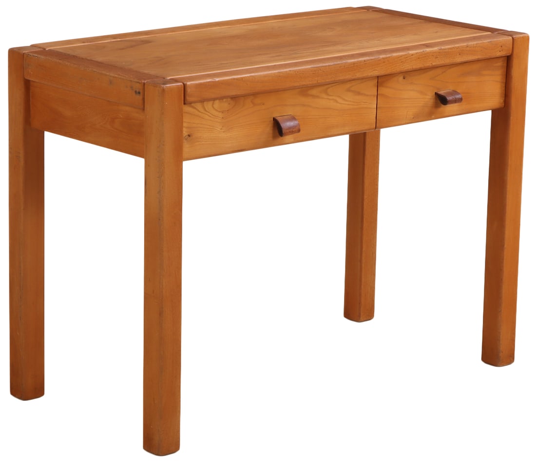 A FRENCH ELM AND LEATHER TWO DRAWER WRITING DESK BY MAISON REGAIN C 1975. (1 of 6)