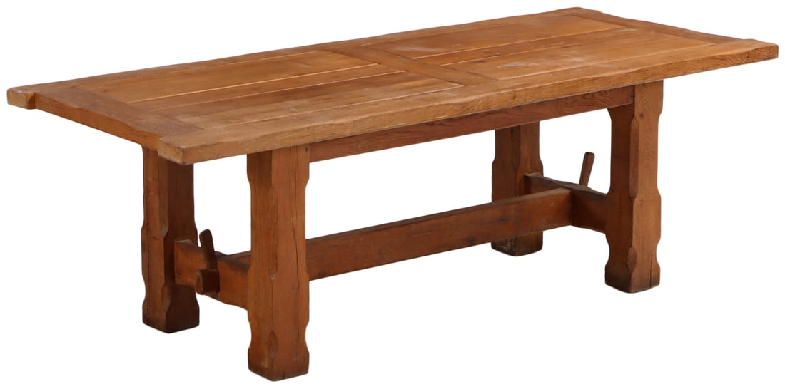 FRENCH OAK BRUTALIST STYLE DINING TABLE MADE FROM HEAVY TIMBER AND HAVING CHAMFERED CORNERS C 1960. (1 of 5)