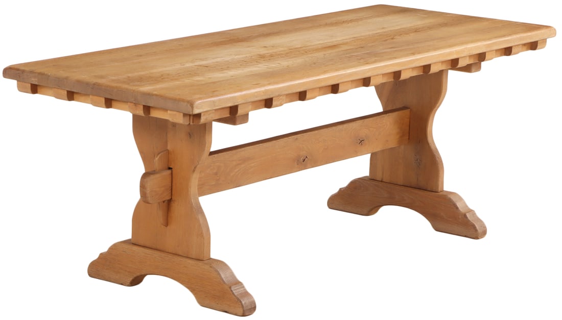 FRENCH OAK DINING TABLE HAVING MORTIS AND TENON CONSTRUCTION AND A THICK SOLID OAK TOP C 1960. (1 of 5)