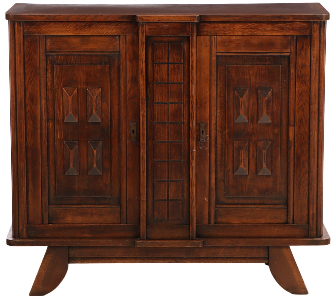 FRENCH OAK SERVER HAVING TWO DOORS IN THE MANNER OF CHARLES DUDOUYT C 1940. (1 of 5)