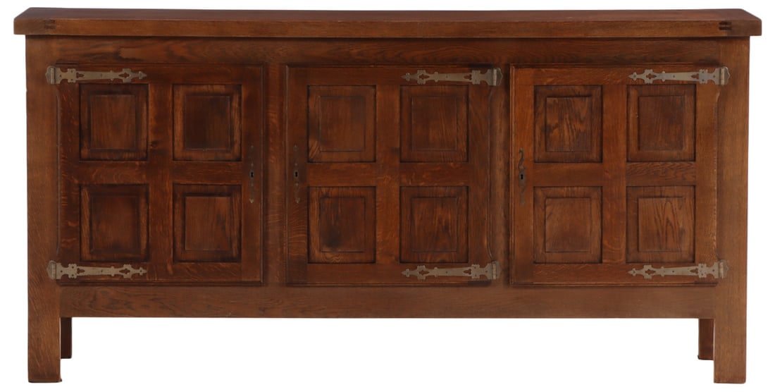 FRENCH BRUTALIST STYLE THREE DOOR OAK SIDEBOARD WITH GEOMETRIC MOTIFS C 1960. (1 of 7)