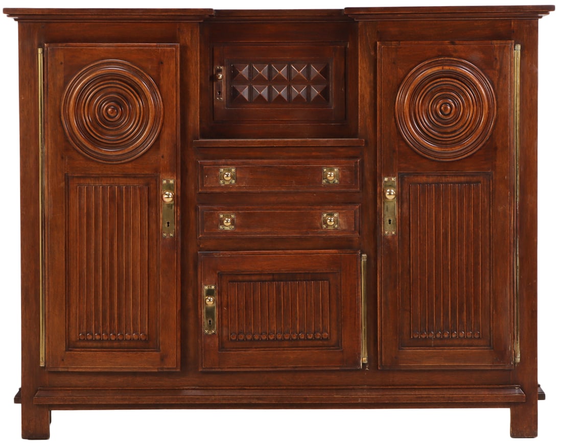 FRENCH WALNUT CABINET IN THE MANNER OF CHARLES DUDOUYT HAVING QUALITY BRASS MOUNTS C 1945. (1 of 7)