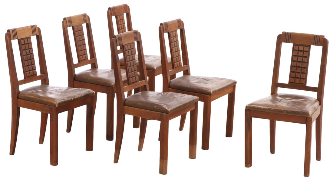 SIX FRENCH OAK AND LEATHER DINING CHAIRS IN THE MANNER OF CHARLES DUDOUYT C 1940. (1 of 7)