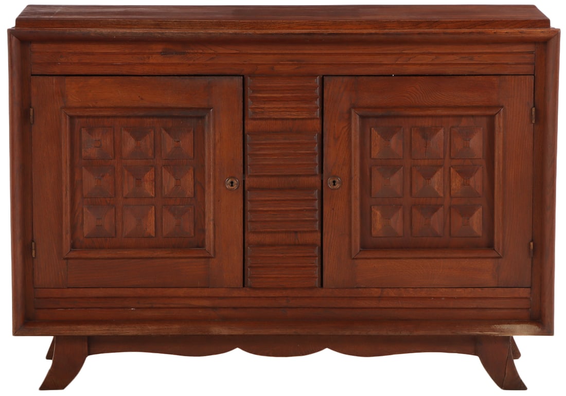 FRENCH OAK SIDEBOARD WITH GEOMETRIC MOTIFS IN THE MANNER OF CHARLES DUDOUYT C 1940. (1 of 6)